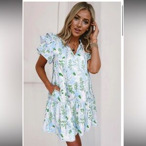 WORN ONCE SKY BLUE FLORAL LAYERED MINI DRESS - SKU:591